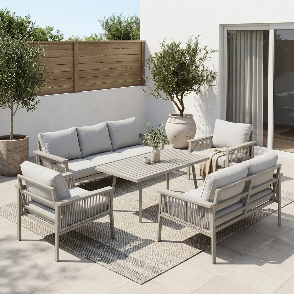 Light grey outdoor lounge set with a rectangular table
