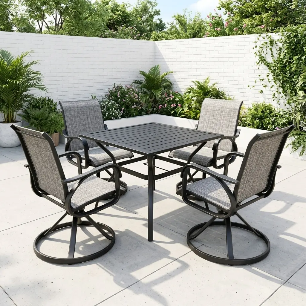 Dark metal square outdoor dining table with four swivel chairs