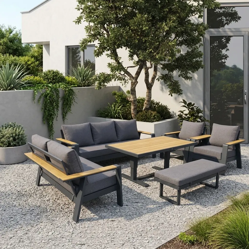 Modern dark grey aluminum outdoor lounge set with wood accents