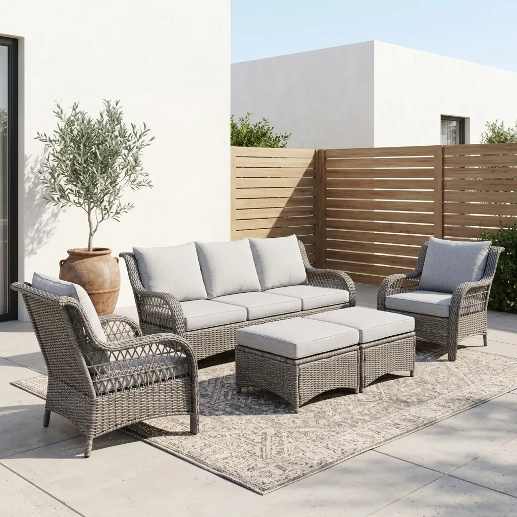 Grey wicker outdoor lounge set with ottomans